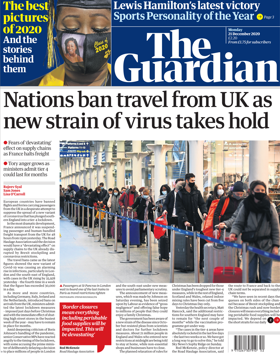 The Guardian front page 21 December 2020