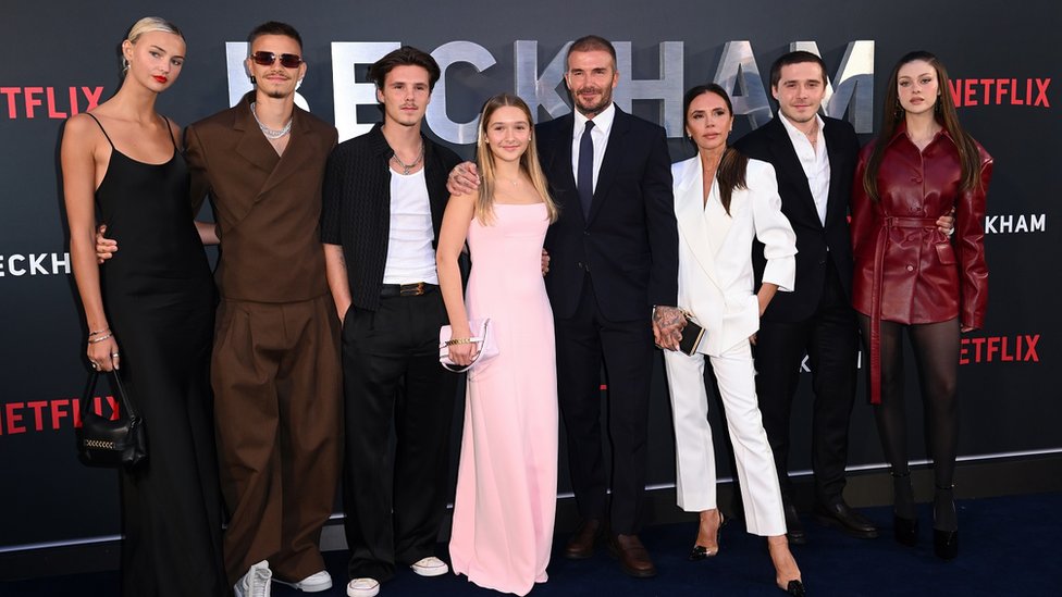 Mia Regan, Romeo Beckham, Cruz Beckham, Harper Beckham, David Beckham, Victoria Beckham, Brooklyn Beckham and Nicola Peltz attending the Netflix Beckham UK Premiere in London on Tuesday