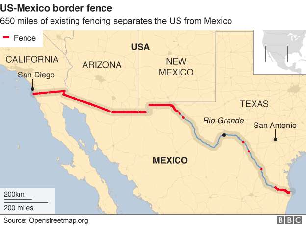 Карта показывает, где уже есть забор между границей США и Мексики