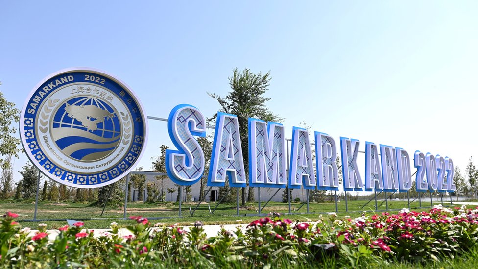 A view shows the Samarkand 2022 letter sculpture installed ahead of the Shanghai Cooperation Organization (SCO) summit in Samarkand, Uzbekistan September 9, 2022. Foreign Ministry of Uzbekistan