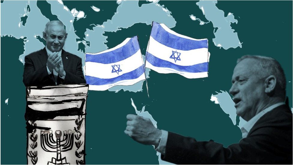 Ilustración que muestra a Netanyahu y Gantz en un mapa del Medio Oriente