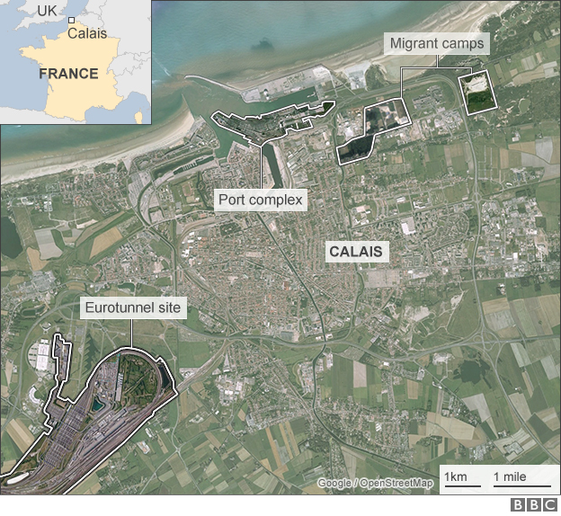Карта расположения лагерей мигрантов в Кале