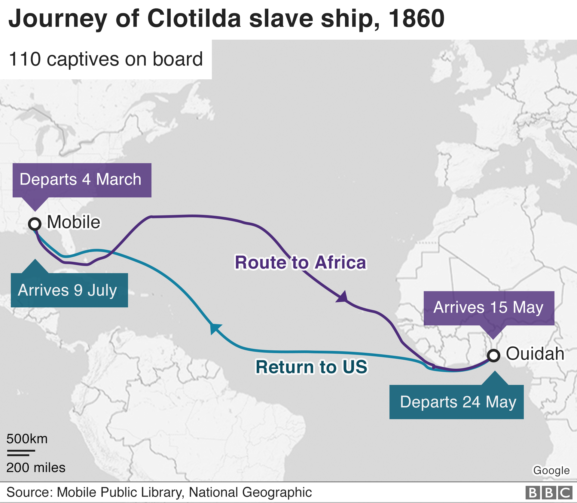 Карта, показывающая маршрут невольничьего корабля Clotilda