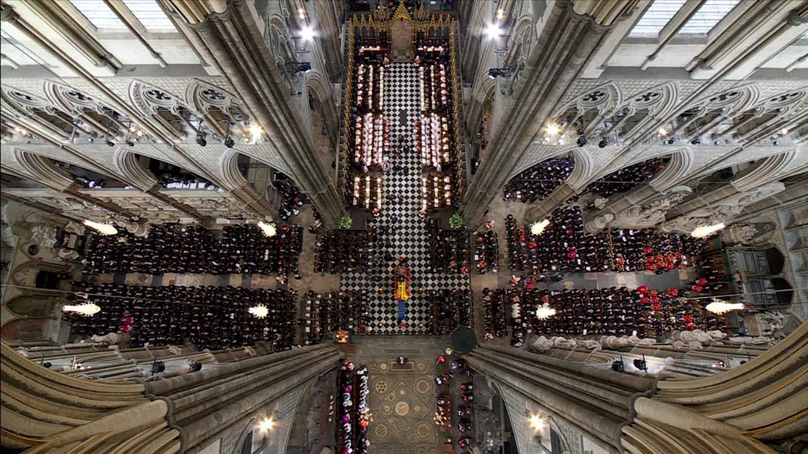 A view from above of the Queen's coffin and the mourners in Westminster Abbey