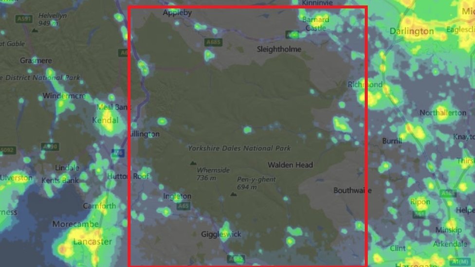 Карта, показывающая Йоркшир-Дейлс и насколько там мало светового загрязнения