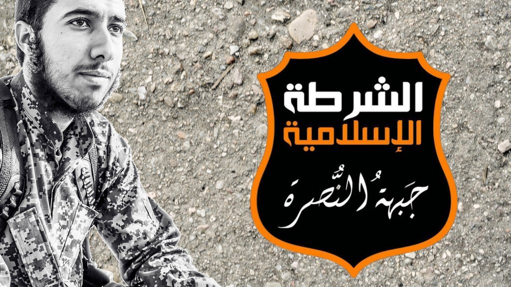 Images of a British jihadist from Brighton and the logo for al-Nusra - the Syrian branch of al-Qaeda