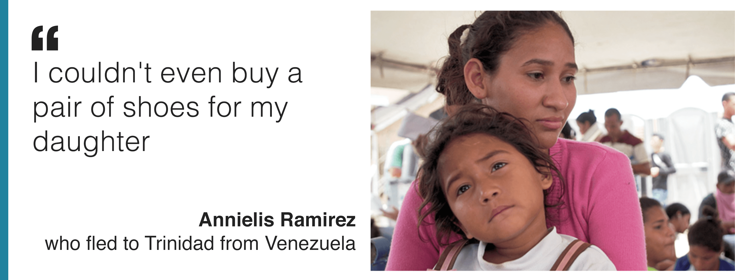 Изображение и цитата Анниелиса Рамиреса, который входит в число тысяч венесуэльцев, ищущих лучшей жизни на Тринидаде. Она говорит: «Я действительно могу сказать, что Уганда на данный момент является нашим домом».
