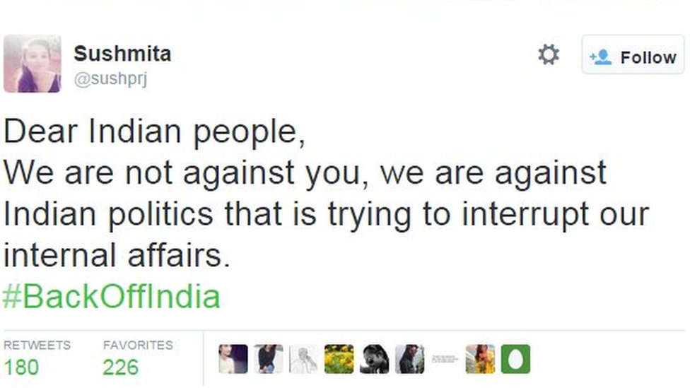 Дорогой индийский народ! Мы не против вас, мы против индийской политики, которая пытается вмешаться в наши внутренние дела. #BackOffIndia