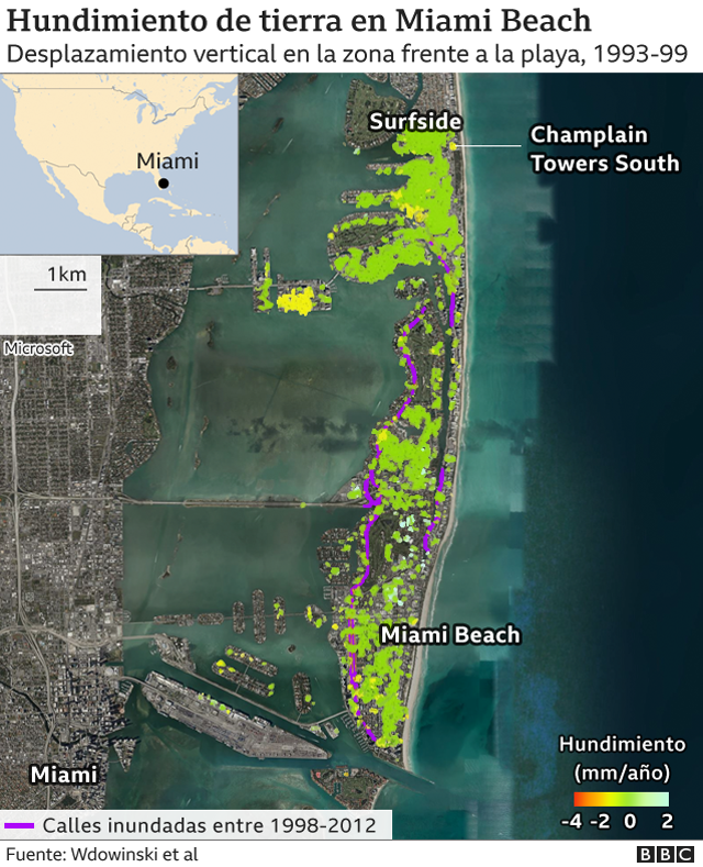 Mapa con zonas de hundimiento de tierra en Miami Beach.