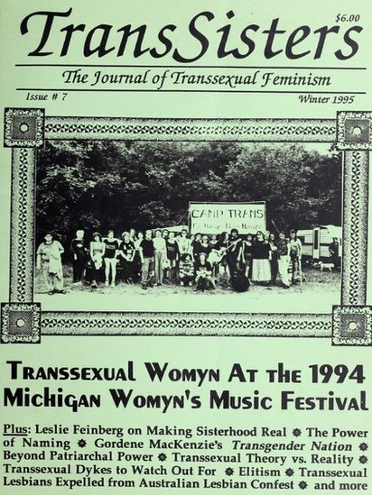 Capa do jornal TransSisters, que mostra fotografia do Camp Trans - Gabriel, Davina Anne, and Skyclad Publishing Co.. 'TransSisters: The Journal of Transsexual Feminism No. 7 (Winter 1995).' Periodical. 1995. Digital Transgender Archive