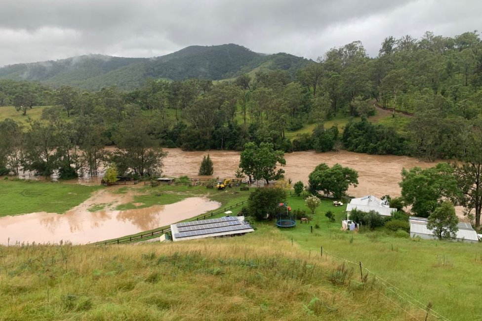 Sungai Ellenborough, Hastings Valley, New South Wales juga meluap.