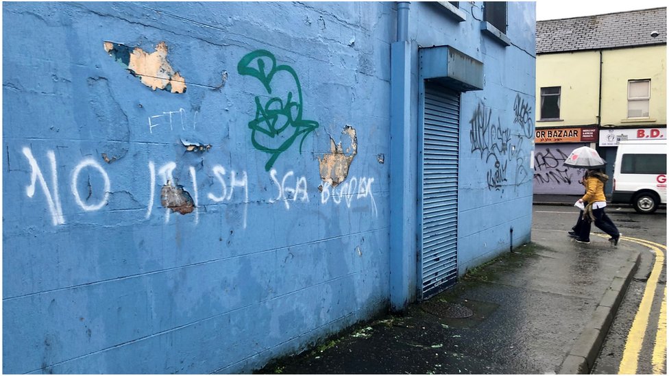Graffiti in Belfast with the words ' No Irish Sea border' written