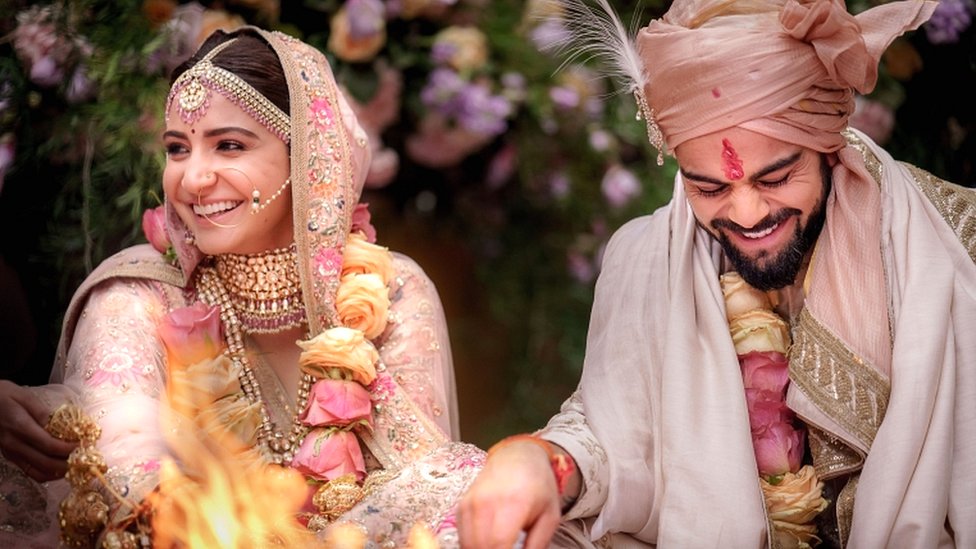 Bollywood actress Anushka Sharma and Indian cricketer Virat Kohli at their wedding ceremony in Buoncovento near Siena, Italy, 11 December 2017