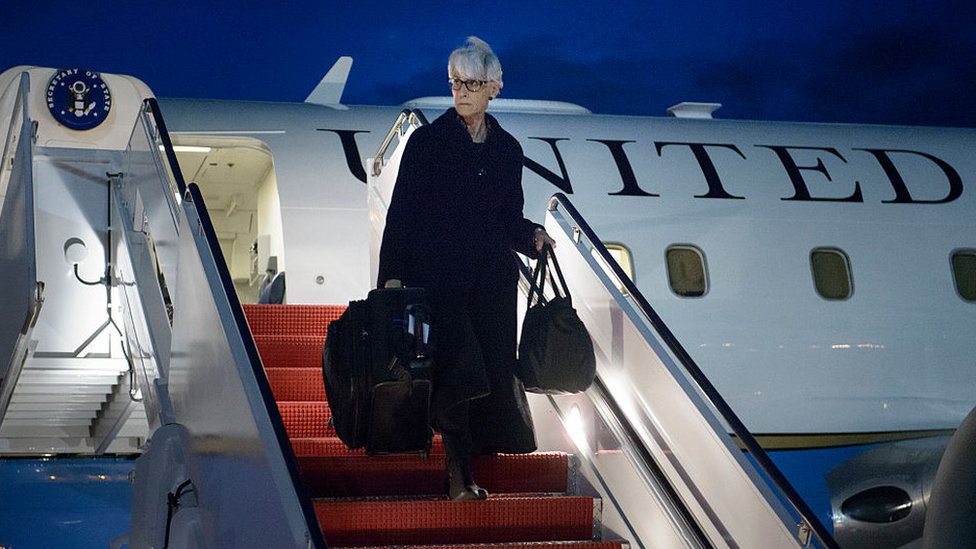Then US Under Secretary for Political Affairs Wendy Sherman arrives at Andrews Air Force Base in Maryland in 2015