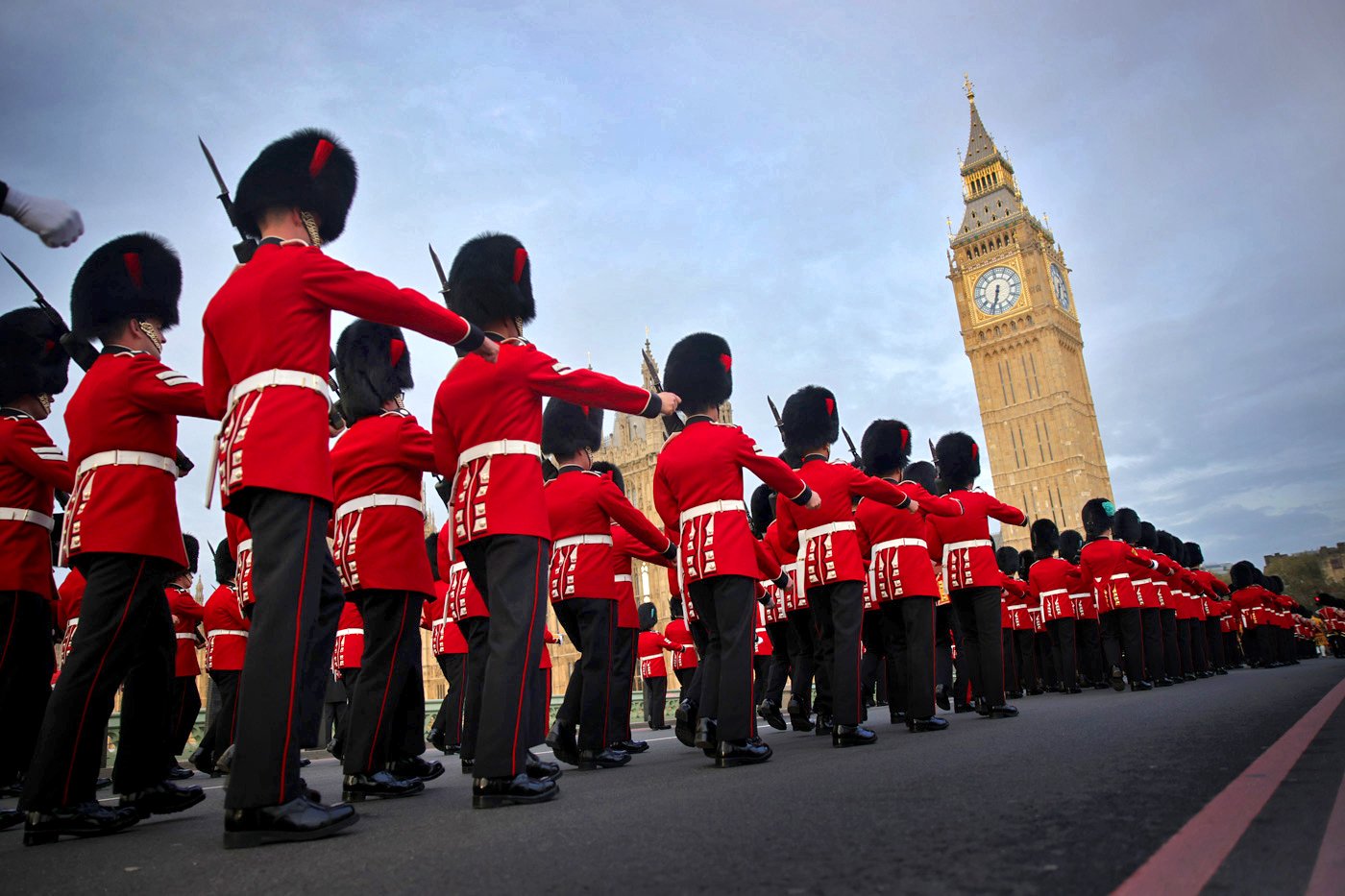 Soldiers march across Westminster Bridge before the coronation ceremony