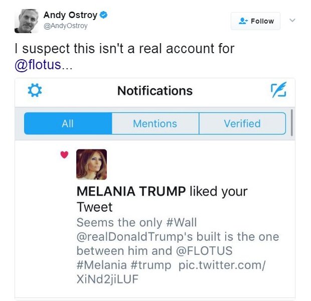 Твит, показывающий, что аккаунту Мелании Трамп нравится твит