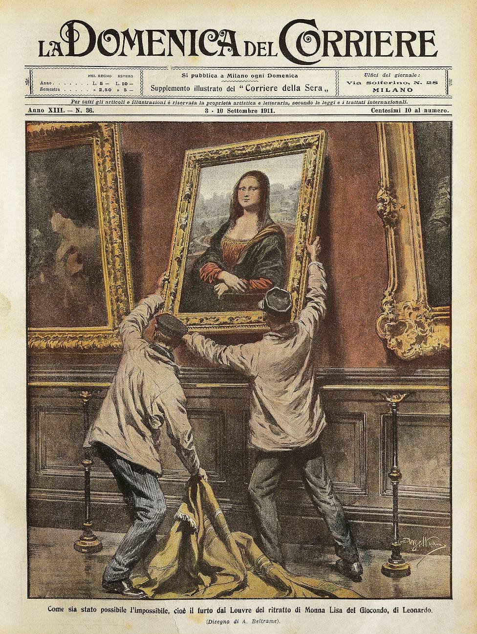 Robo de la Mona Lisa. Illustrator Achille Beltrame (1871-1945), de La Domenica del Corriere, del 3 al 10 de septiembre de 1911.