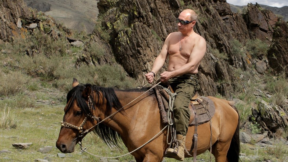 Vladimir Putin con torso desnudo montando a caballo