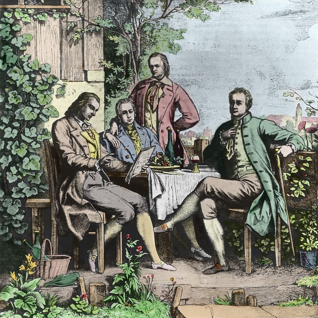 Reunión en Jena. Desde la izquierda: Friedrich Schiller, Wilhelm y Alexander von Humboldt y Johann Wolfgang Goethe- 1793