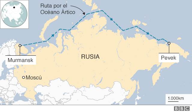 Mapa recorrido del Akademik Lomonosov.