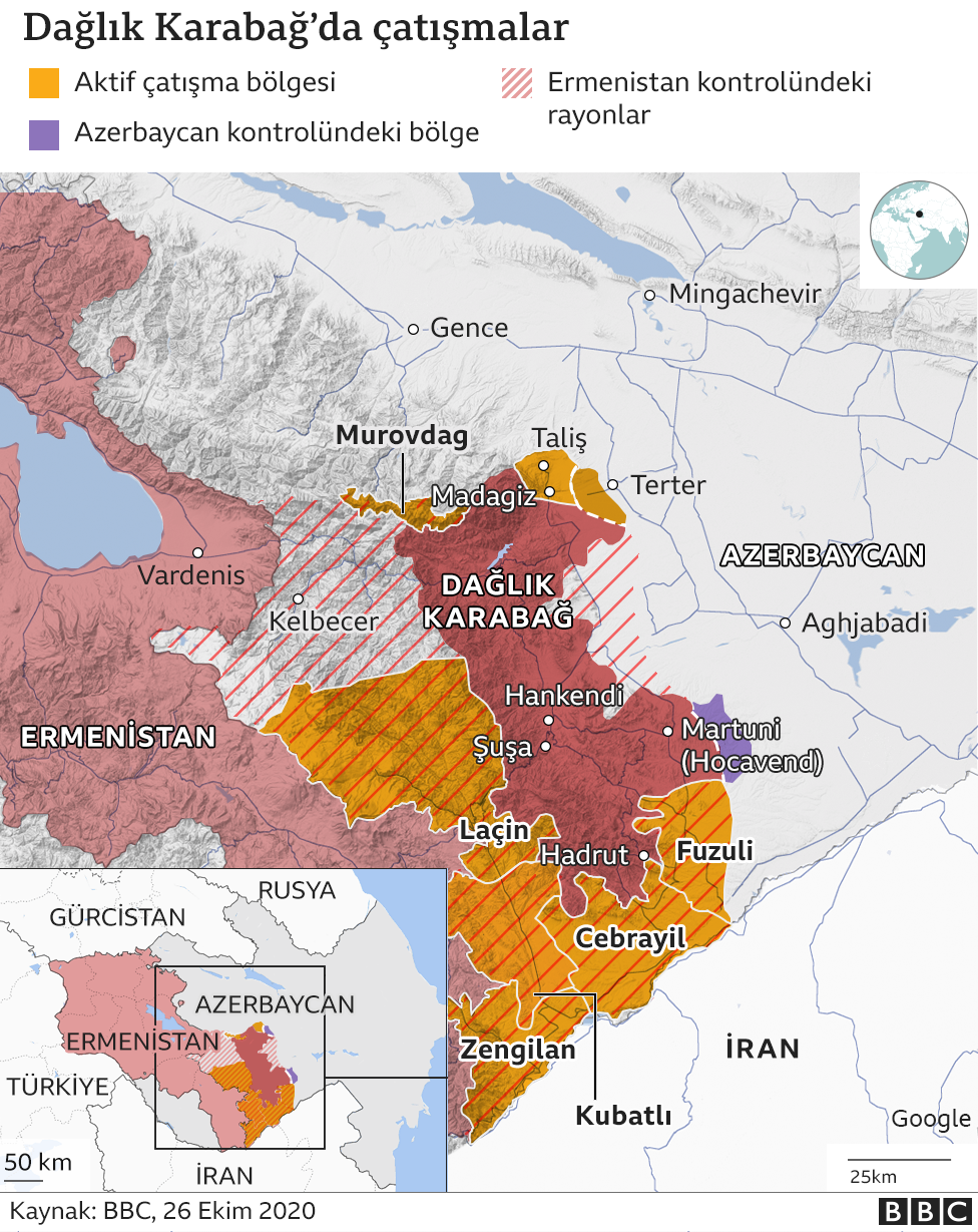 Ermenistan'ın kontrolündeki Laçin'de çatışmalar sürüyor, Kelbecer ve Ağdam ise top ateşi altında.