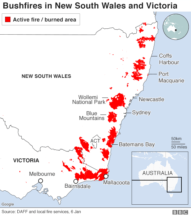 Карта: Активные пожары, 6 января 2020 г.