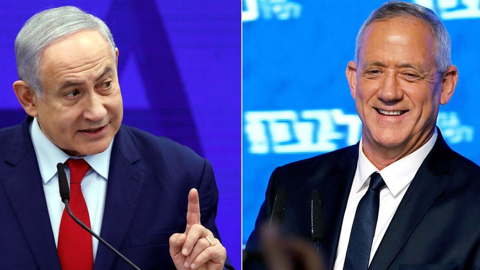 Фотографии из файлов, на которых запечатлены Биньямин Нетаньяху (слева) и Бенни Ганц (справа)