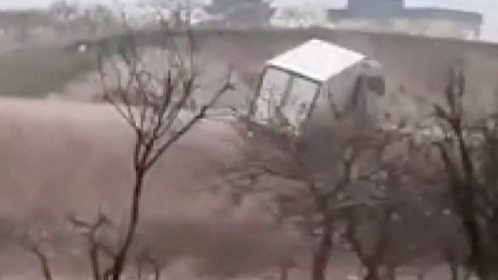 Turkey floods: Truck overturned by surge of water in earthquake zone