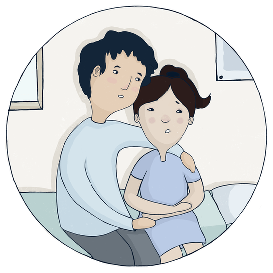Animation of a man cuddling a woman who looks uncomfortable