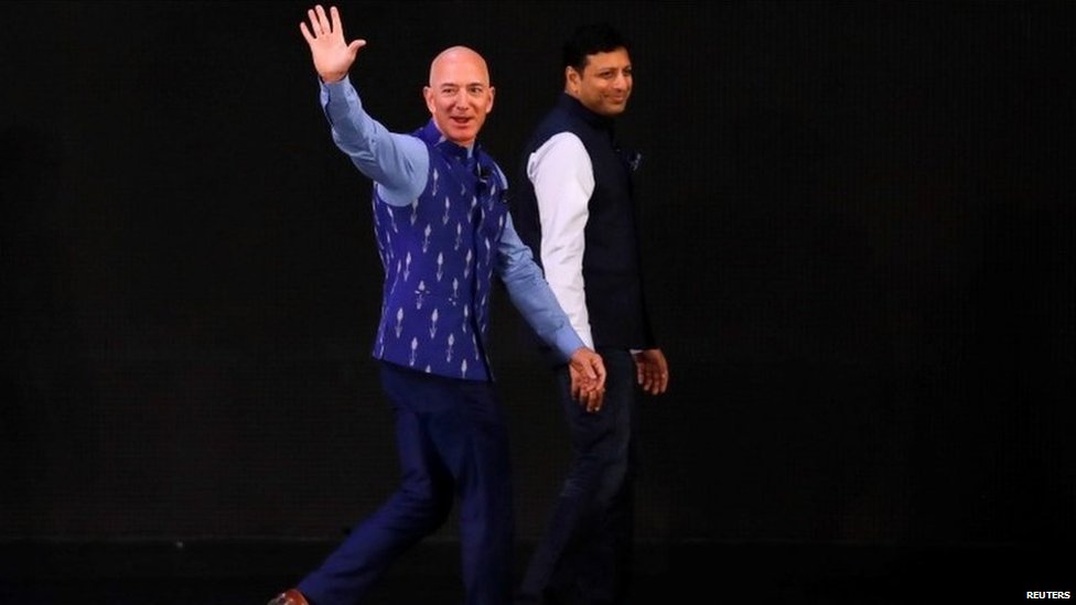 Jeff Bezos, founder of Amazon, attends a company event in New Delhi, India, January 15, 2020