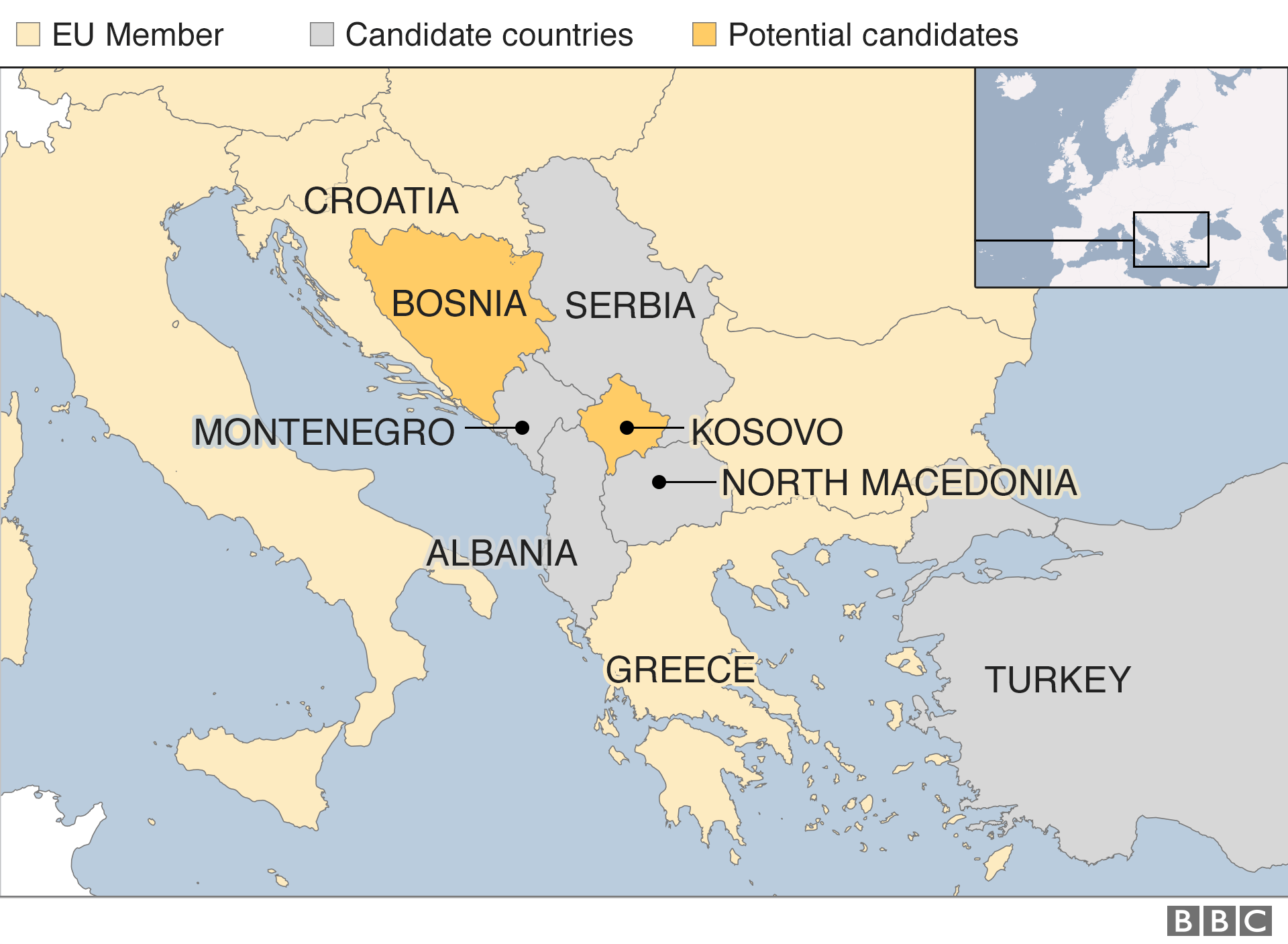 Балканы - страны-кандидаты в ЕС, карта