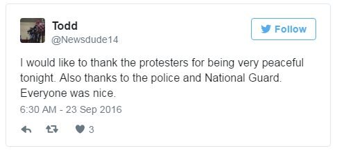 Тодд в Твиттере: Я хотел бы поблагодарить протестующих за то, что сегодня они были очень мирными. Также спасибо полиции и Национальной гвардии. Все были хороши.