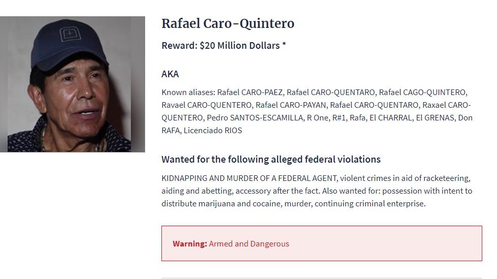 Imagen de Caro Quintero en la lista de fugitivos más buscados por la DEA