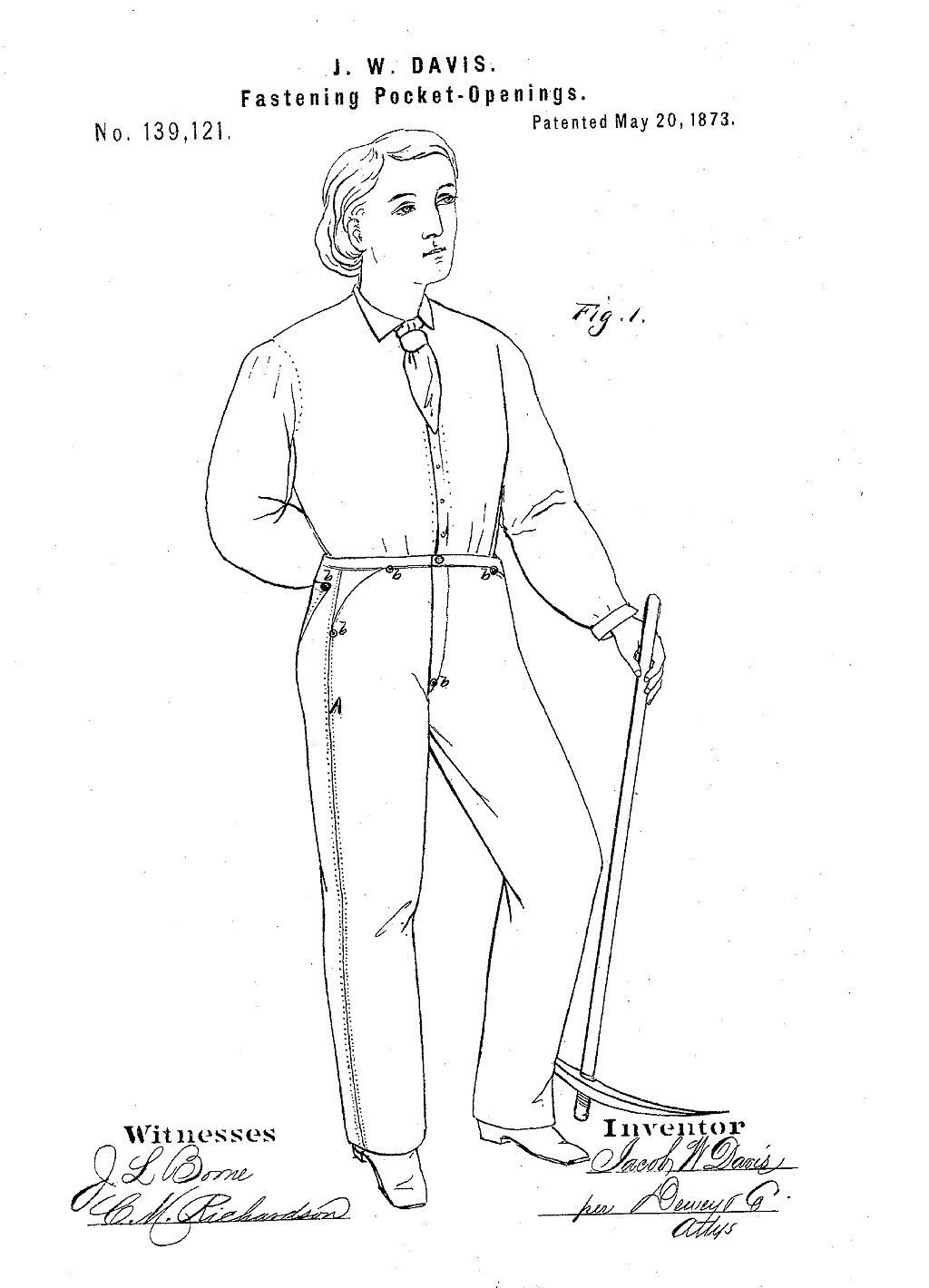 Dibujo de patente para 'sujeción de aberturas de bolsillo' por Jacob Davis (como JW Davis), 20 de mayo de 1873.