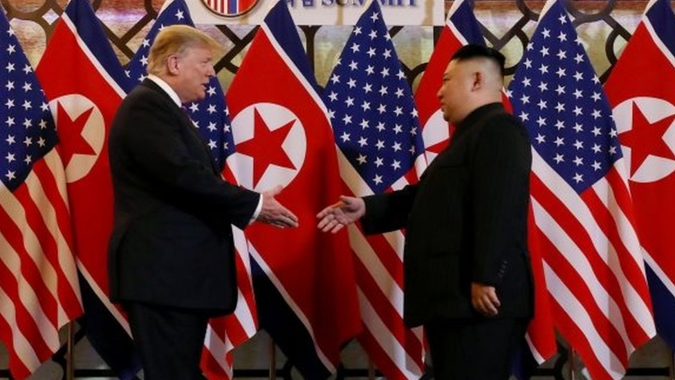 U.S. President Donald Trump and North Korean leader Kim Jong Un shake hands before their one-on-one chat during the second U.S.-North Korea summit at the Metropole Hotel in Hanoi, Vietnam February 27, 2019.