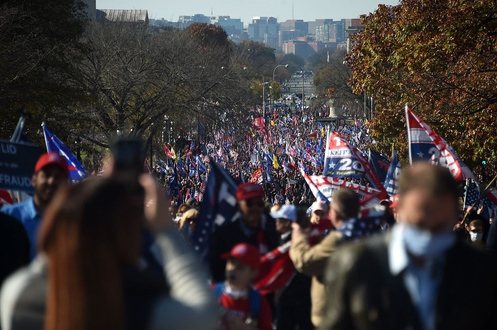 Thousands of Trump supporters, many waving Trump 2020 banners, have joined the rally. Pic - Getty Images