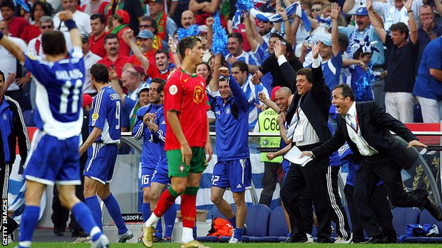 Greece celebrate beating Portugal as Cristiano Ronaldo looks on