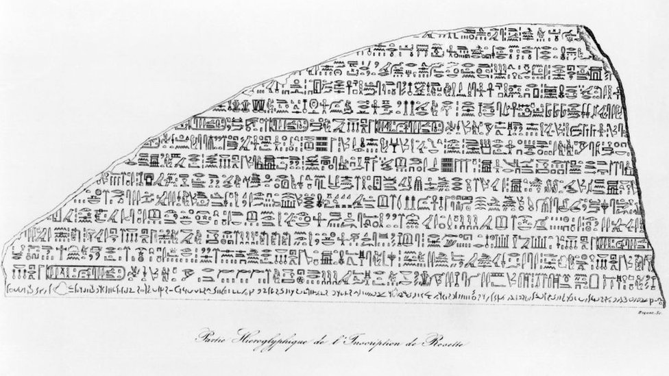 A painting showing the upper part of the Rosetta Stone, and hieroglyphic inscriptions