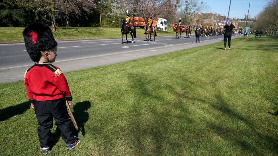 The King's Troop Royal Horse Artillery arrive at Windsor Castle for the funeral of Prince Philip, The Duke of Edinburgh on April 17, 2021 in Windsor, England.