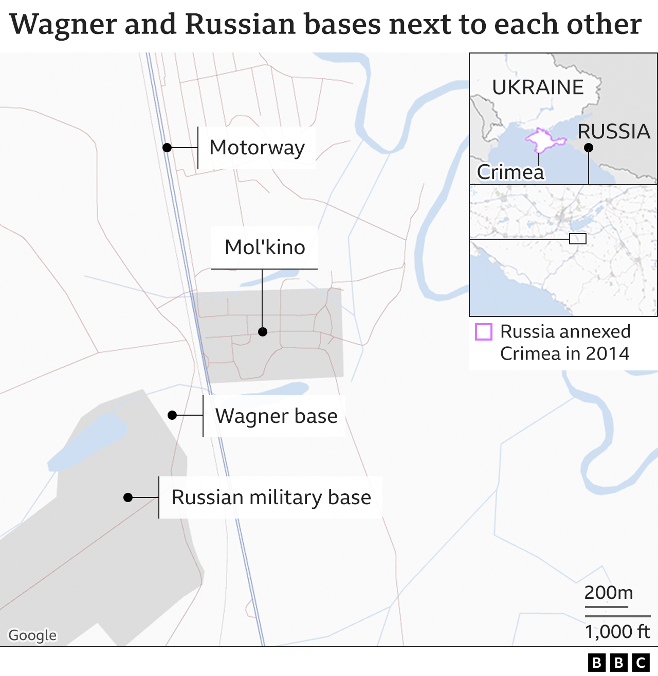 Map showing how a Wagner base is adjacent to a Russian military base