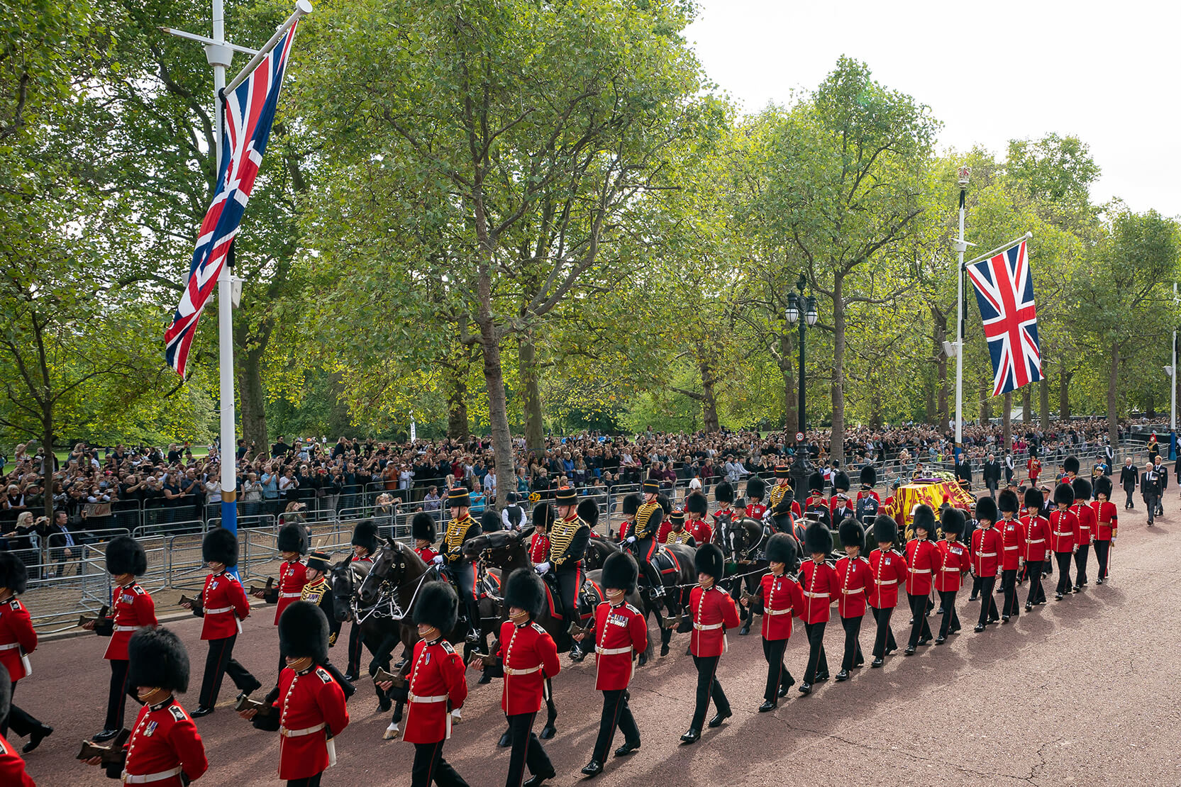 The coffin being pulled by a gun carriage of The King's Troop Royal Horse Artillery