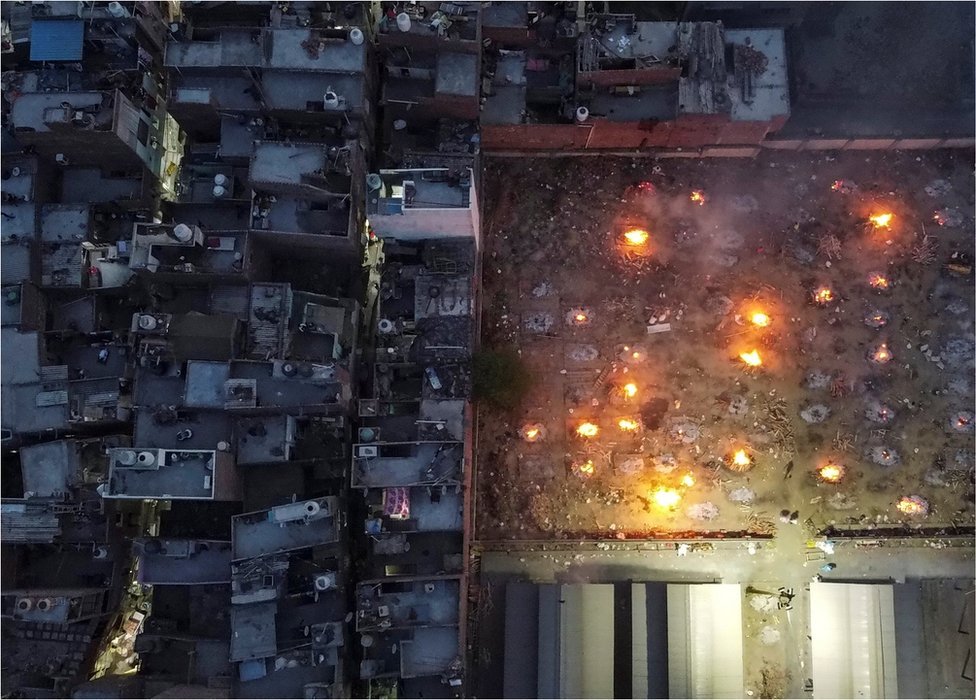 An aerial view of cremations in New Delhi, India