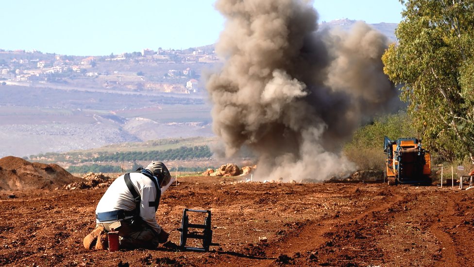 A so-called "rubble crusher" at work in a minefield in Lebanon