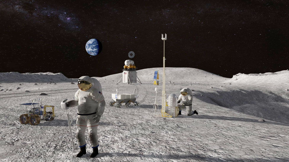 Astronautas en la Luna en una ilustración de la misión Artemisa