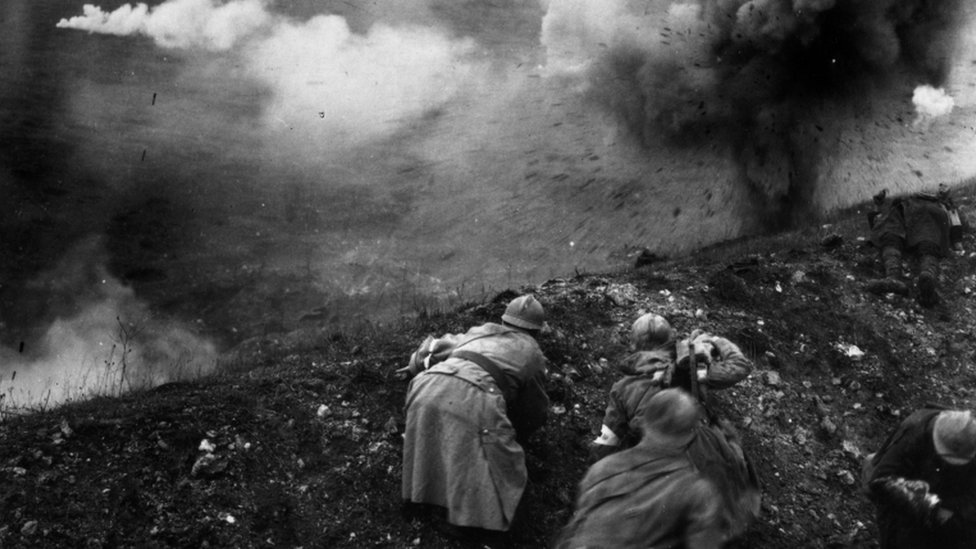 Bombardment of French troops during the Battle of Verdun. World War One 1916
