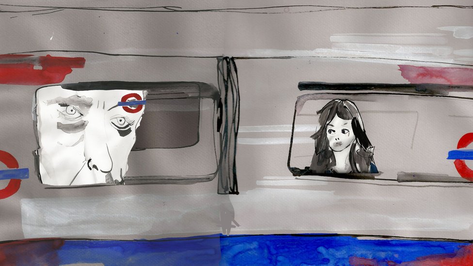 Illustration of a girl sat on a Tube looking out the window and with the image of a face staring at her in the next window