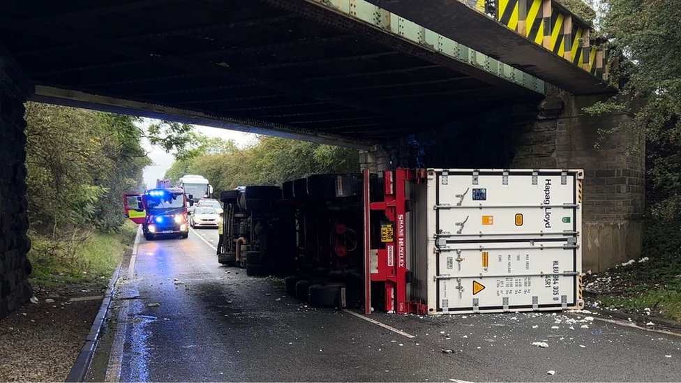 Ackworth crash Road blocked after lorry strikes bridge BBC News