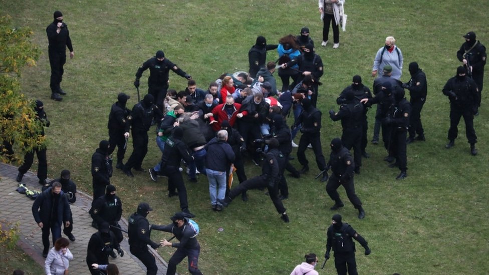 Belarusian law enforcement officers detain participants of an opposition rally