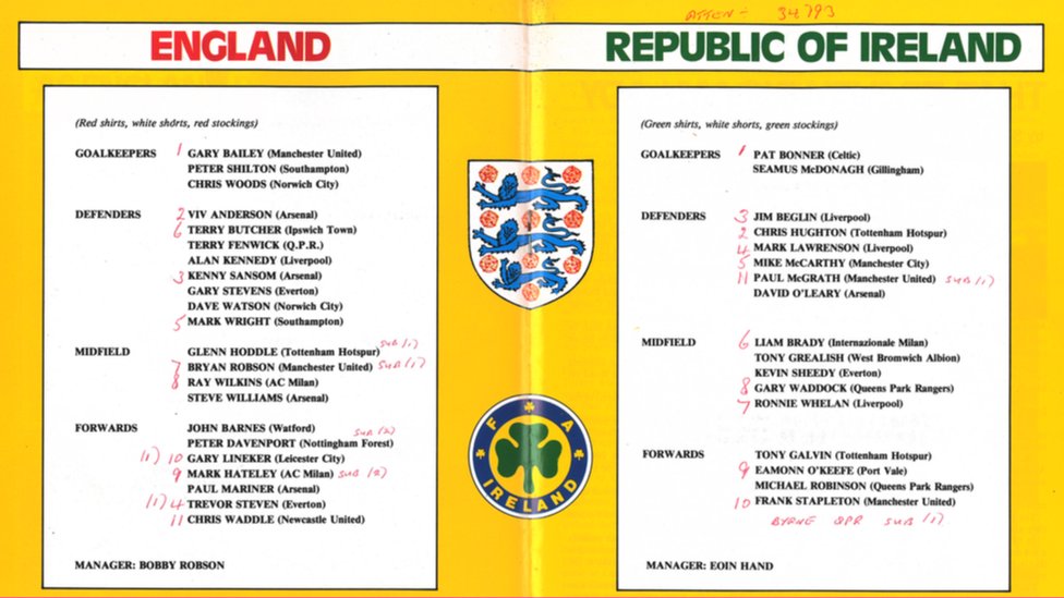 Teamsheet from England-Ireland game in 1985