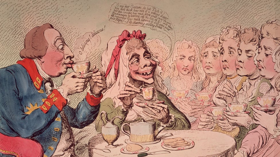 En 1791 empezó una campaña en Reino Unido contra el consumo de azúcar traído del Caribe porque lo producían manos esclavas. Este afiche satírico de 1792 muestra al rey Jorge III y la reina tomando té sin azúcar. La reina alienta a sus hijos a probarlo y a pensar cuánto trabajo le ahorrarán a los esclavos si no le echan azúcar. Afiche de los antisacaristas